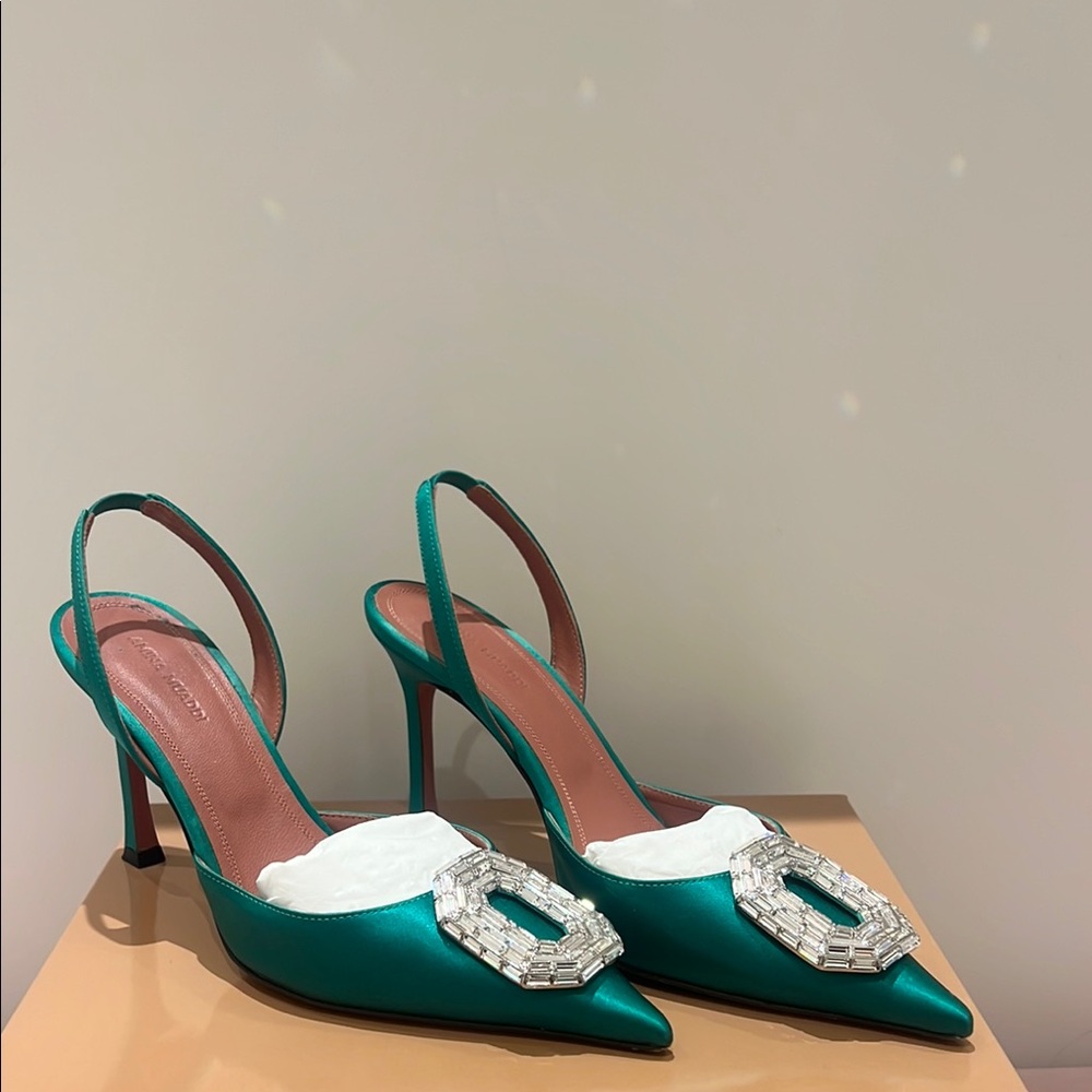 Amina Muaddi Elegant Green Slingback Heels with Crystal piece